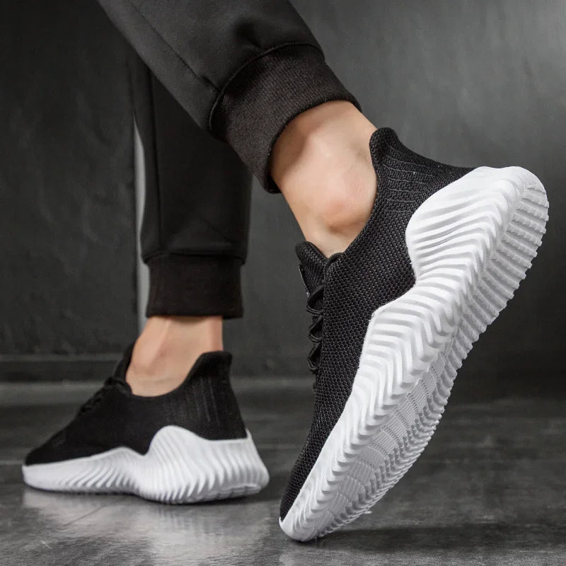 Men's Low Top Sneakers - Knit Upper - Lace-Up - Ridged Rubber Sole