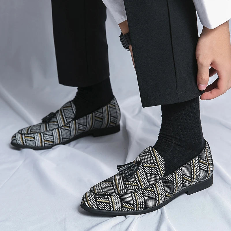 Men’s Almond Toe Checker Weave Faux Leather Tassel Loafers with Slip-On Design