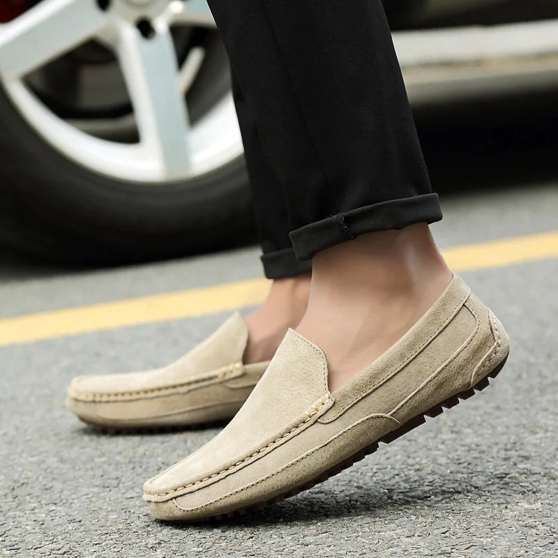 Men's Suede Driving Moccasins - Slip-On - Textured Rubber Sole