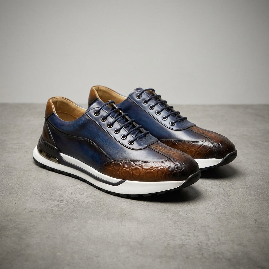 Men's Leather Sneakers - Lace-Up Burnished Patina Croc-Embossed Runner Sole