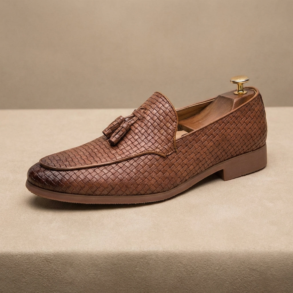 Men's Tassel Loafers - Slip On Woven Embossed Upper Round Toe Low Block Heel