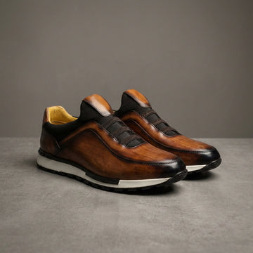 Men's Leather Slip On Loafers - Burnished Upper Elastic Vamp Panel Runner Sole