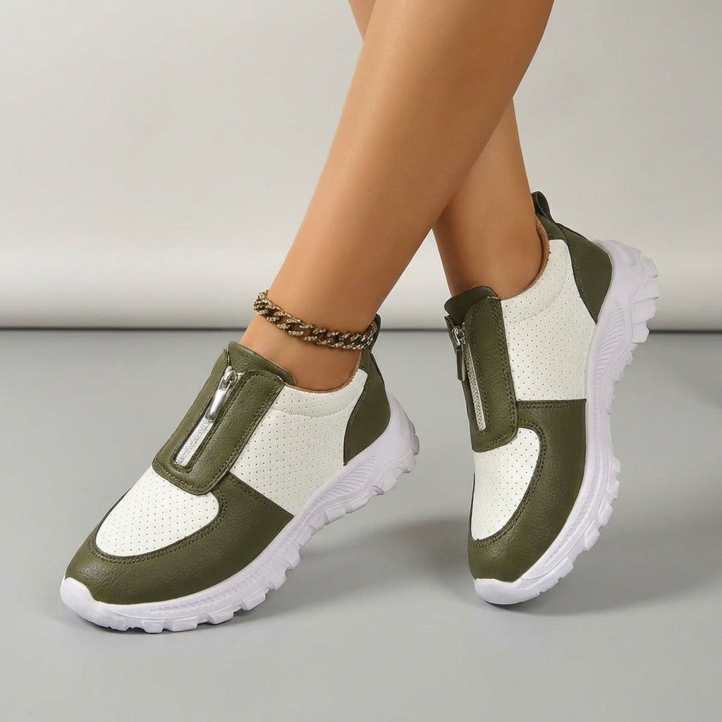Women's Slip On Sneakers - Front Zip Colorblock Perforated Upper Lugged Sole