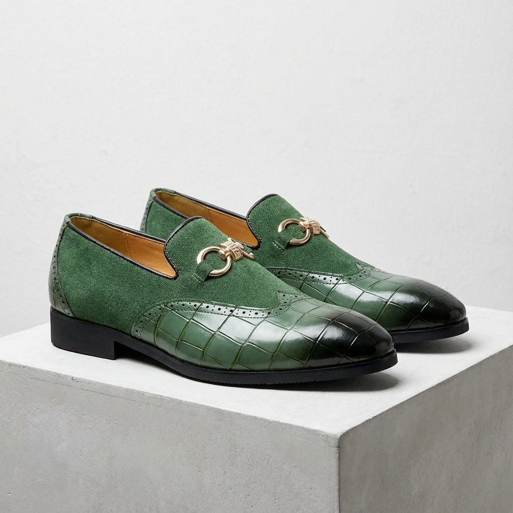 Men’s Slip-On Loafers with Almond Toe, Metal Bit Detail, and Low Block Heel