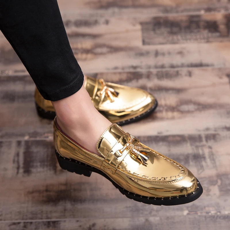 Men's Tassel Loafers - Slip-On Patent Upper - Pointed Toe Low Heel