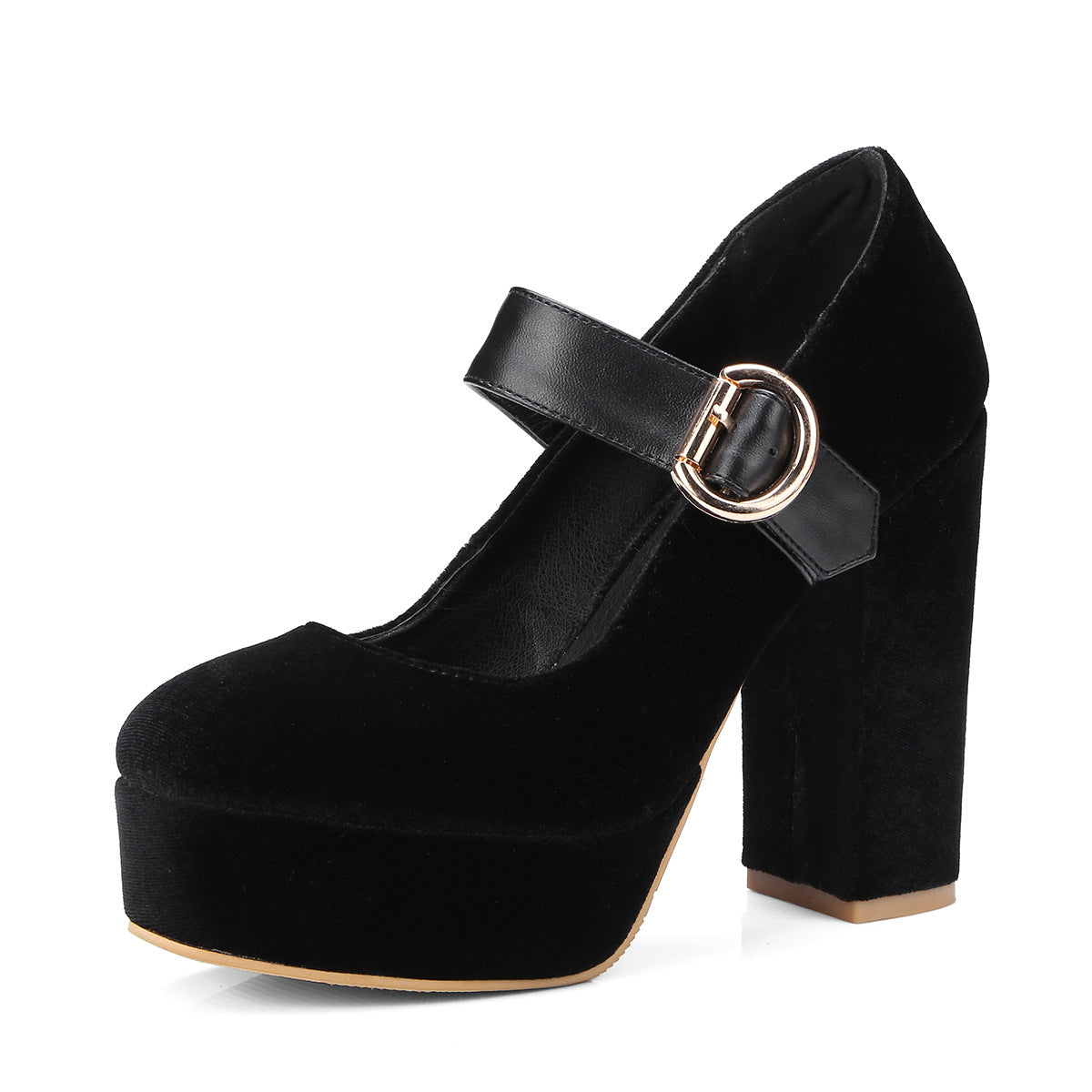 Women's Velvet Platform Heels with Round Toe and Mary Jane Buckle Strap