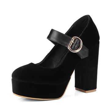 Women's Velvet Platform Heels with Round Toe and Mary Jane Buckle Strap
