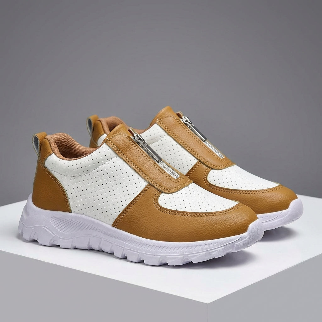 Women's Slip On Sneakers - Front Zip Colorblock Perforated Upper Lugged Sole