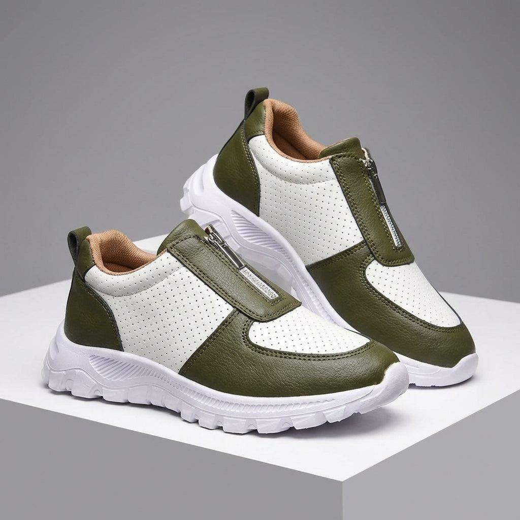 Women's Slip On Sneakers - Front Zip Colorblock Perforated Upper Lugged Sole
