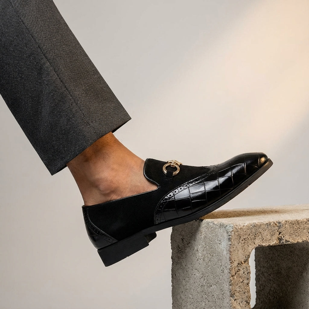 Men’s Slip-On Loafers with Almond Toe, Metal Bit Detail, and Low Block Heel