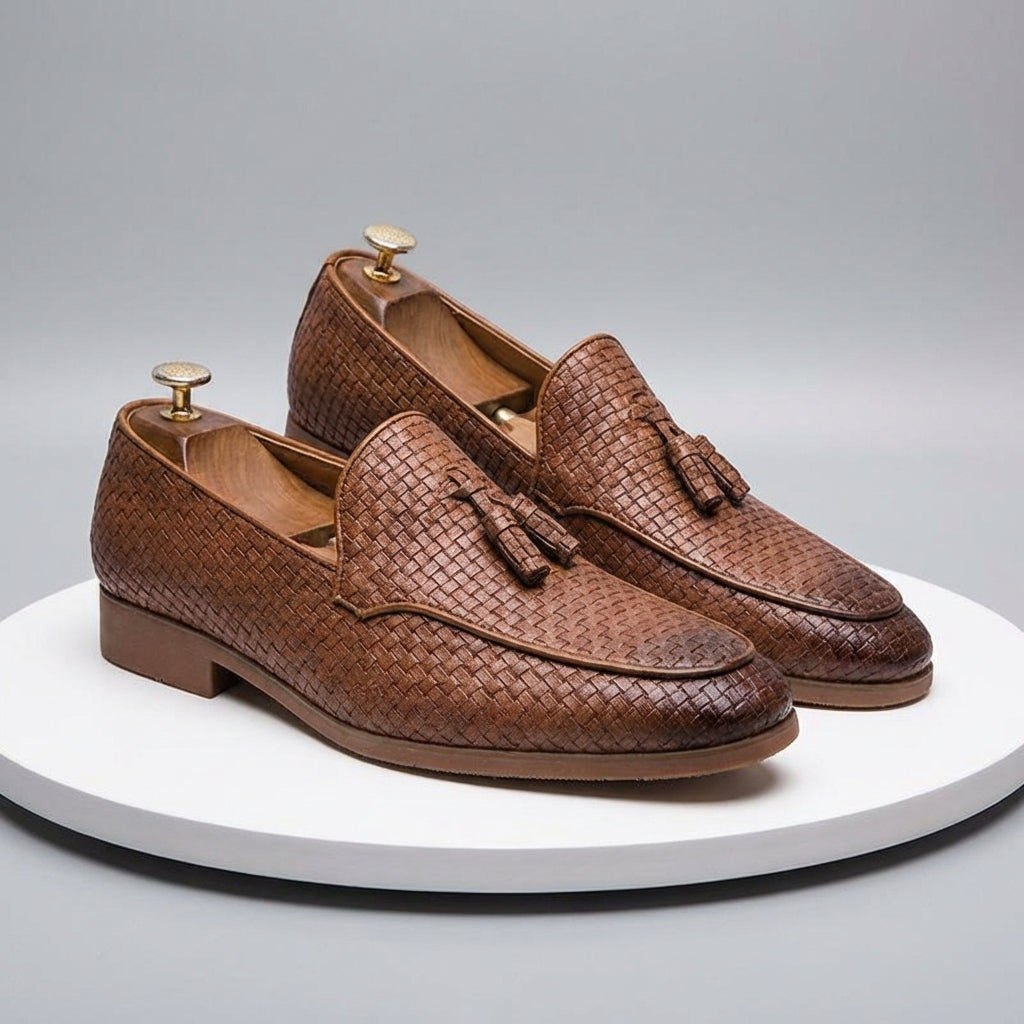 Men's Tassel Loafers - Slip On Woven Embossed Upper Round Toe Low Block Heel