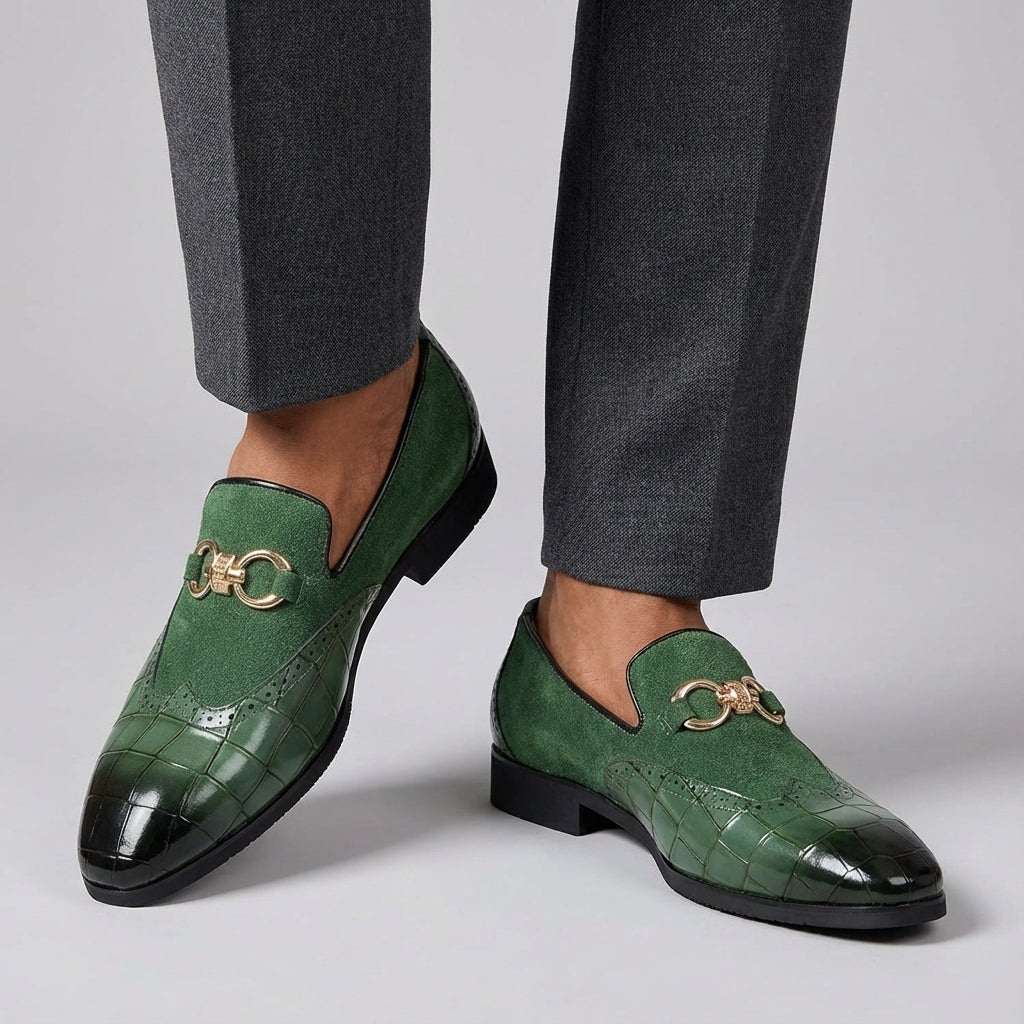 Men’s Slip-On Loafers with Almond Toe, Metal Bit Detail, and Low Block Heel