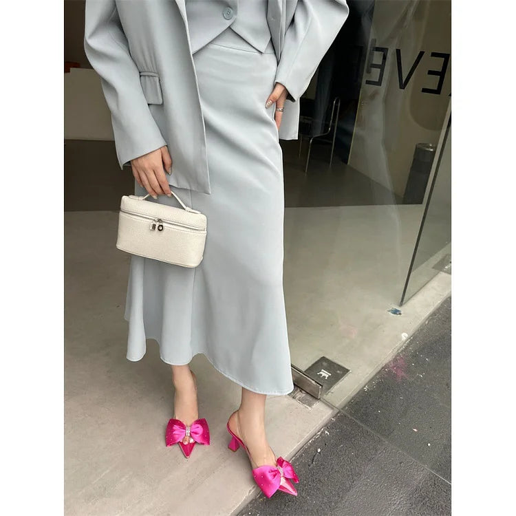 Women's Kitten Heels - Pointed Toe Mules - Clear Strap - Bow Rhinestone Detail