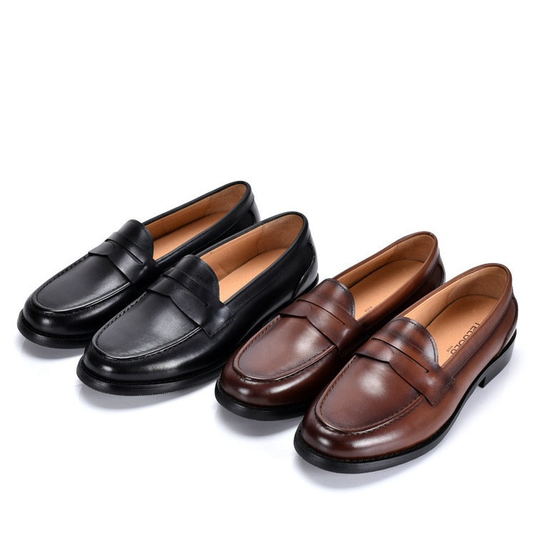 Men's Leather Penny Loafers with Moc Toe and Ribbed Rubber Sole