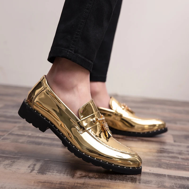 Men's Tassel Loafers - Slip-On Patent Upper - Pointed Toe Low Heel