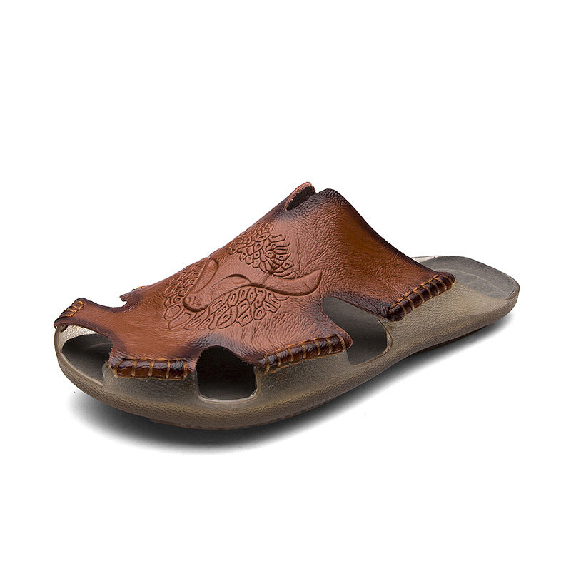 Men’s Leather Slide Sandals - Open Toe Baotou Style - Breathable Cutout - Beach Casual Shoes