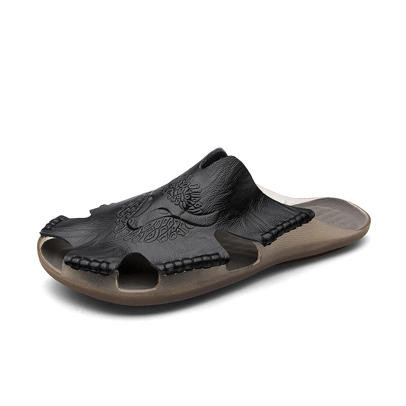 Men’s Leather Slide Sandals - Open Toe Baotou Style - Breathable Cutout - Beach Casual Shoes