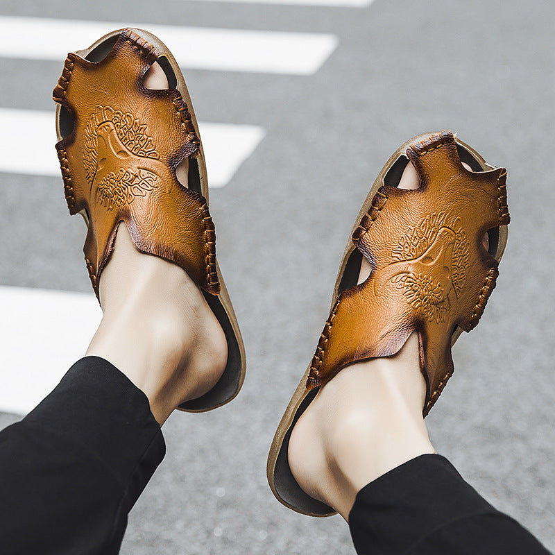 Men’s Leather Slide Sandals - Open Toe Baotou Style - Breathable Cutout - Beach Casual Shoes