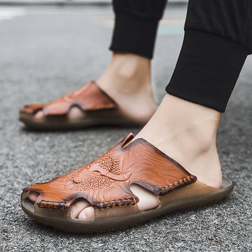 Men’s Leather Slide Sandals - Open Toe Baotou Style - Breathable Cutout - Beach Casual Shoes