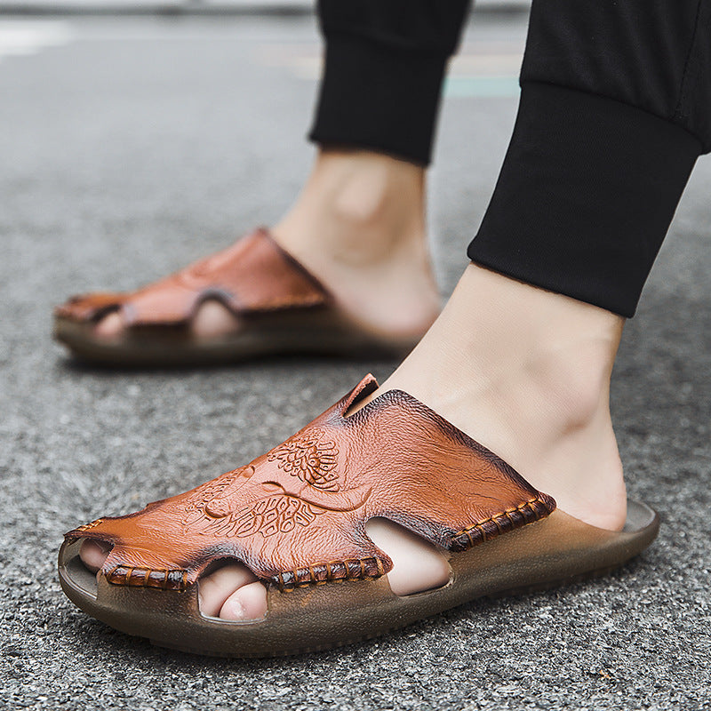 Men’s Leather Slide Sandals - Open Toe Baotou Style - Breathable Cutout - Beach Casual Shoes