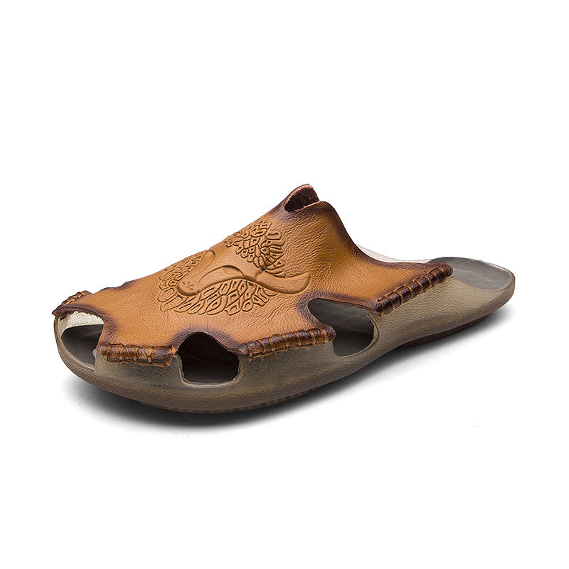 Men’s Leather Slide Sandals - Open Toe Baotou Style - Breathable Cutout - Beach Casual Shoes