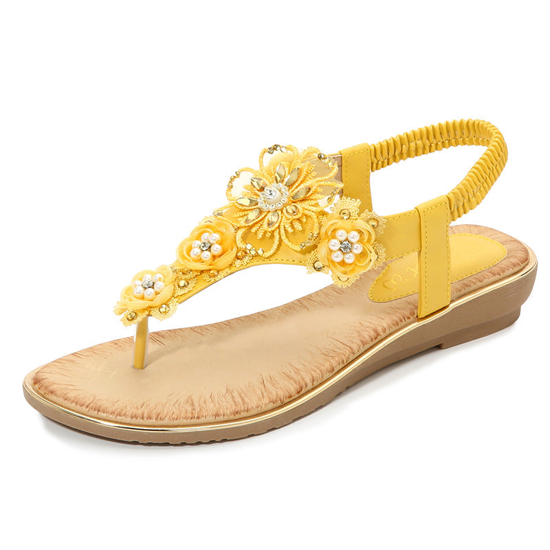 Women's Flat Thong Sandals – T-Strap Floral Lace and Rhinestone Elastic Slingback