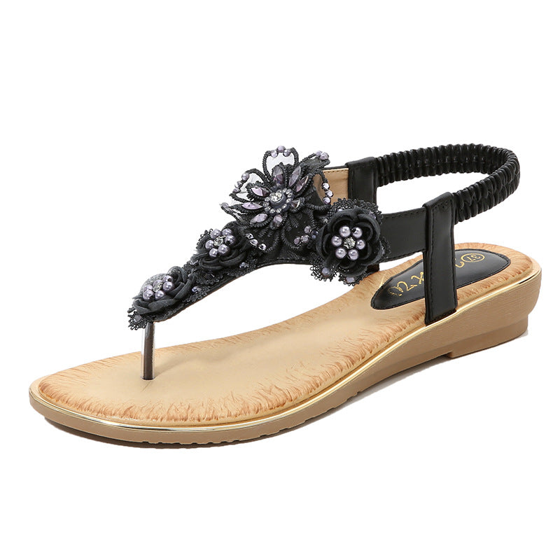 Women's Flat Thong Sandals – T-Strap Floral Lace and Rhinestone Elastic Slingback