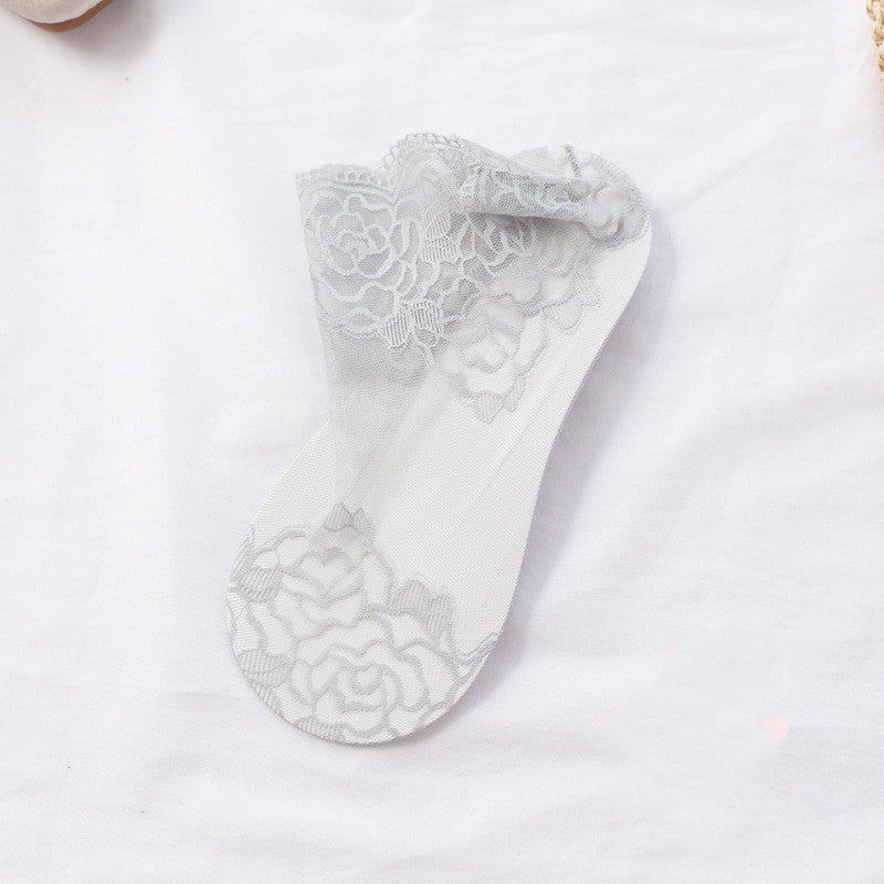 Women's Lace Ankle Socks – Sheer Floral Rose Mesh with Scallop Cuff Edge