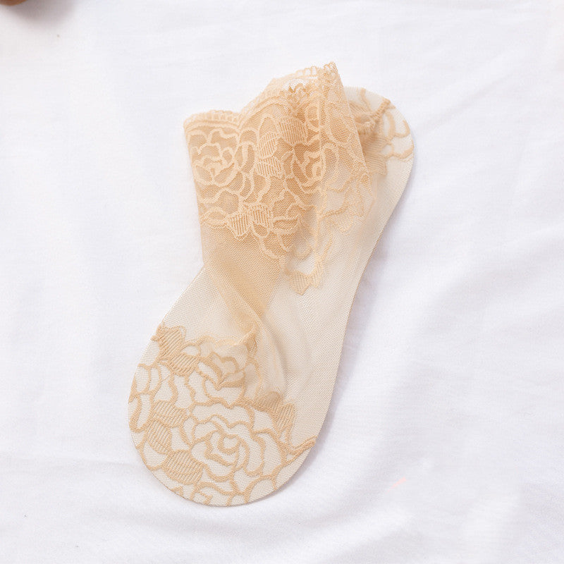 Women's Lace Ankle Socks – Sheer Floral Rose Mesh with Scallop Cuff Edge