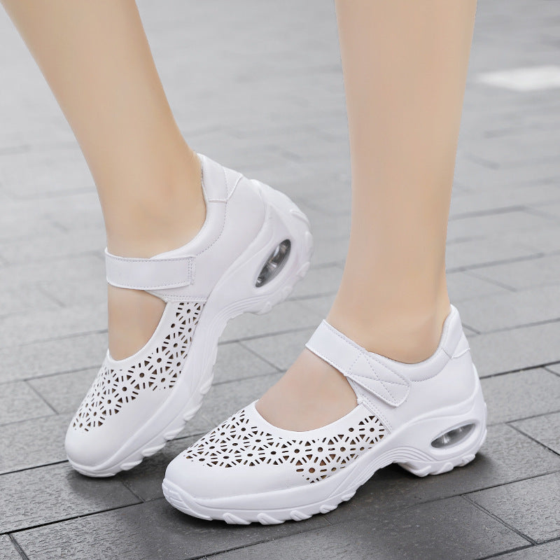 Women’s Perforated Mary Jane Shoes with Hook-and-Loop Strap and Cushioned Sole