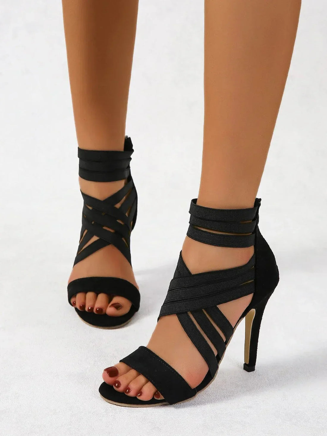 Women's Heels Crisscross Strappy Cage Open Toe High Stiletto Zip Closure