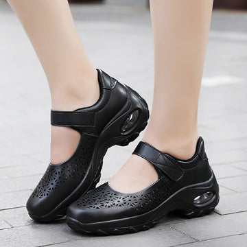 Women’s Perforated Mary Jane Shoes with Hook-and-Loop Strap and Cushioned Sole