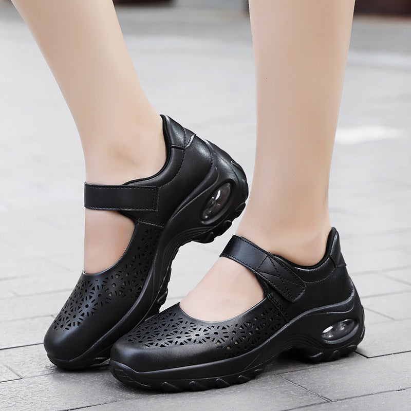 Women’s Perforated Mary Jane Shoes with Hook-and-Loop Strap and Cushioned Sole