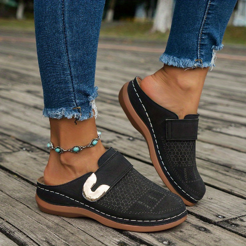 Women's Slip-On Mule Flats - Round Toe - Perforated Upper - Metal Buckle Detail