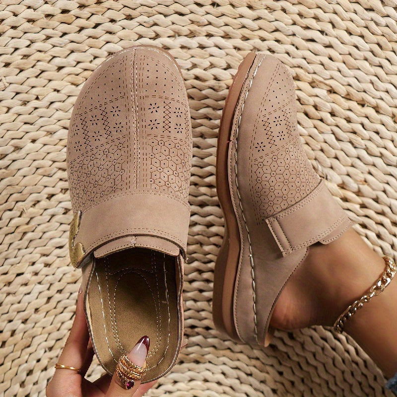 Women's Slip-On Mule Flats - Round Toe - Perforated Upper - Metal Buckle Detail