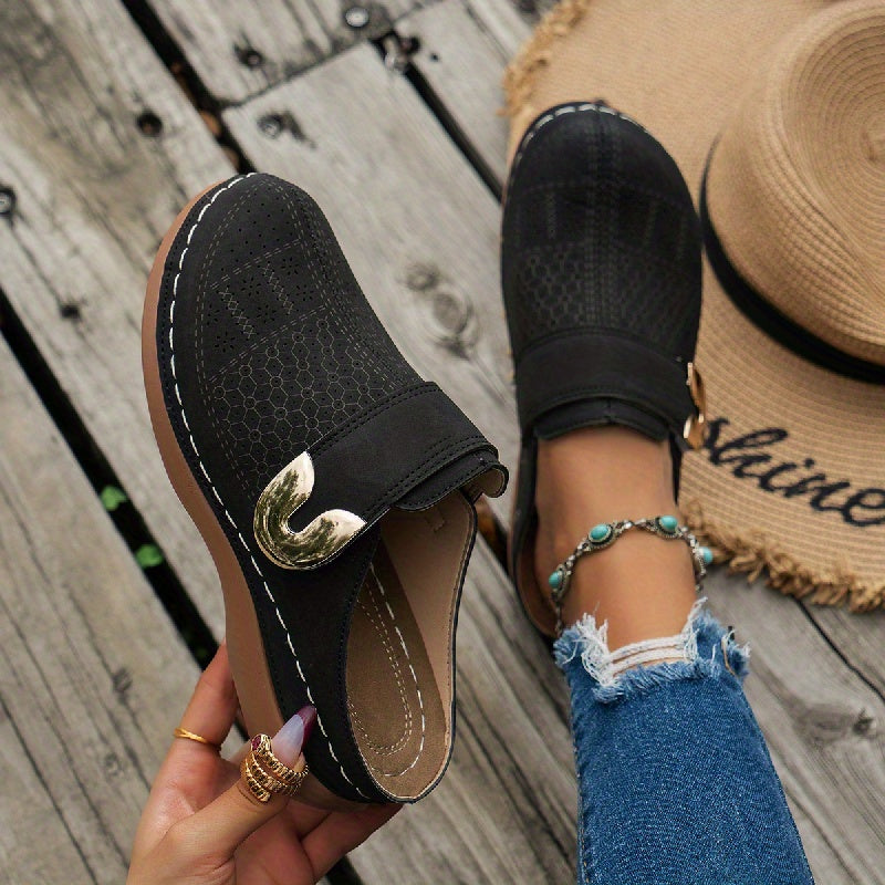Women's Slip-On Mule Flats - Round Toe - Perforated Upper - Metal Buckle Detail