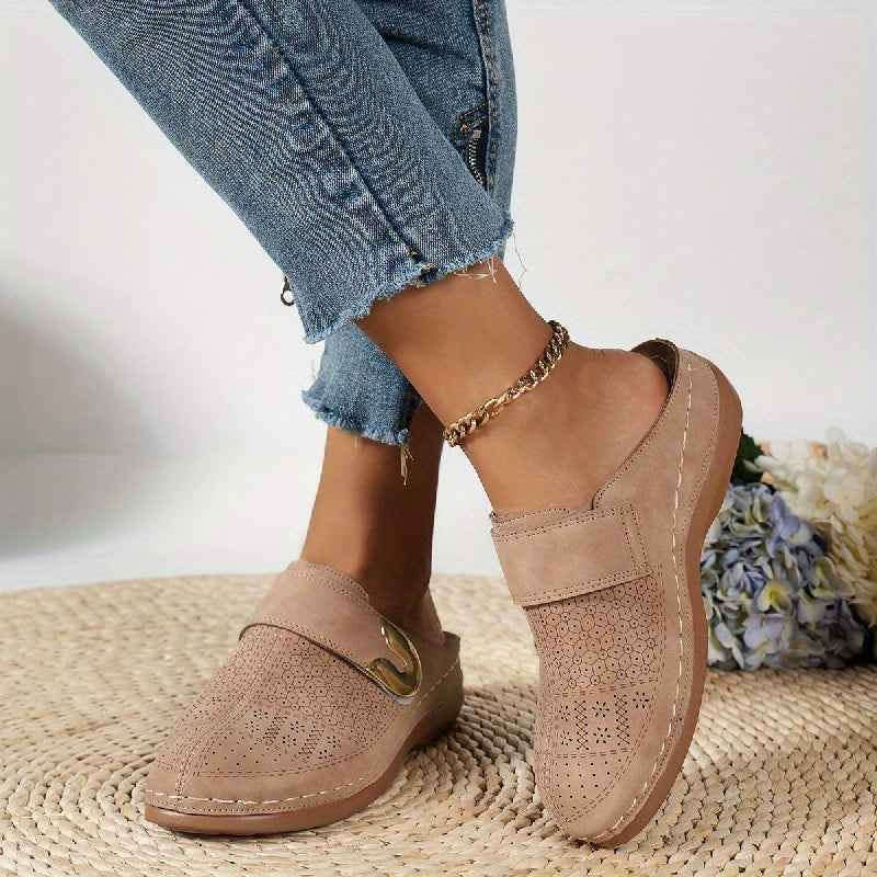 Women's Slip-On Mule Flats - Round Toe - Perforated Upper - Metal Buckle Detail