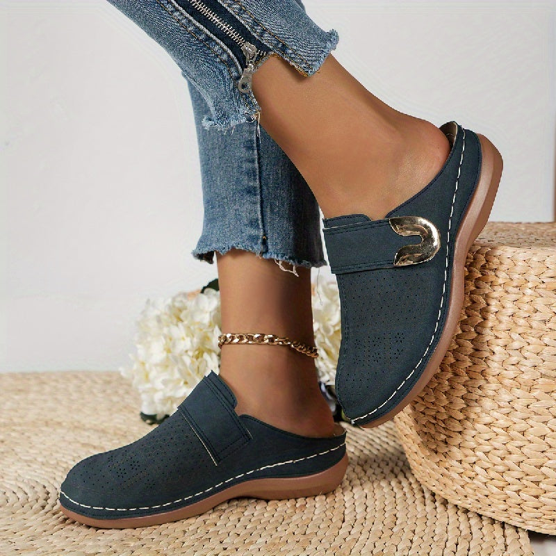 Women's Slip-On Mule Flats - Round Toe - Perforated Upper - Metal Buckle Detail