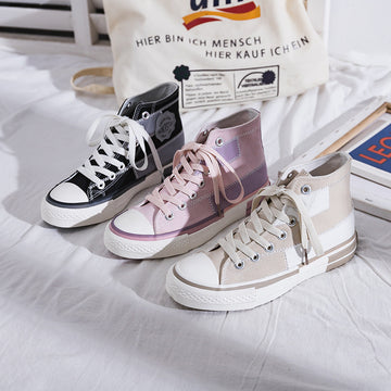 Women's High Top Sneakers – Lace-Up Platform Canvas with Patchwork Upper