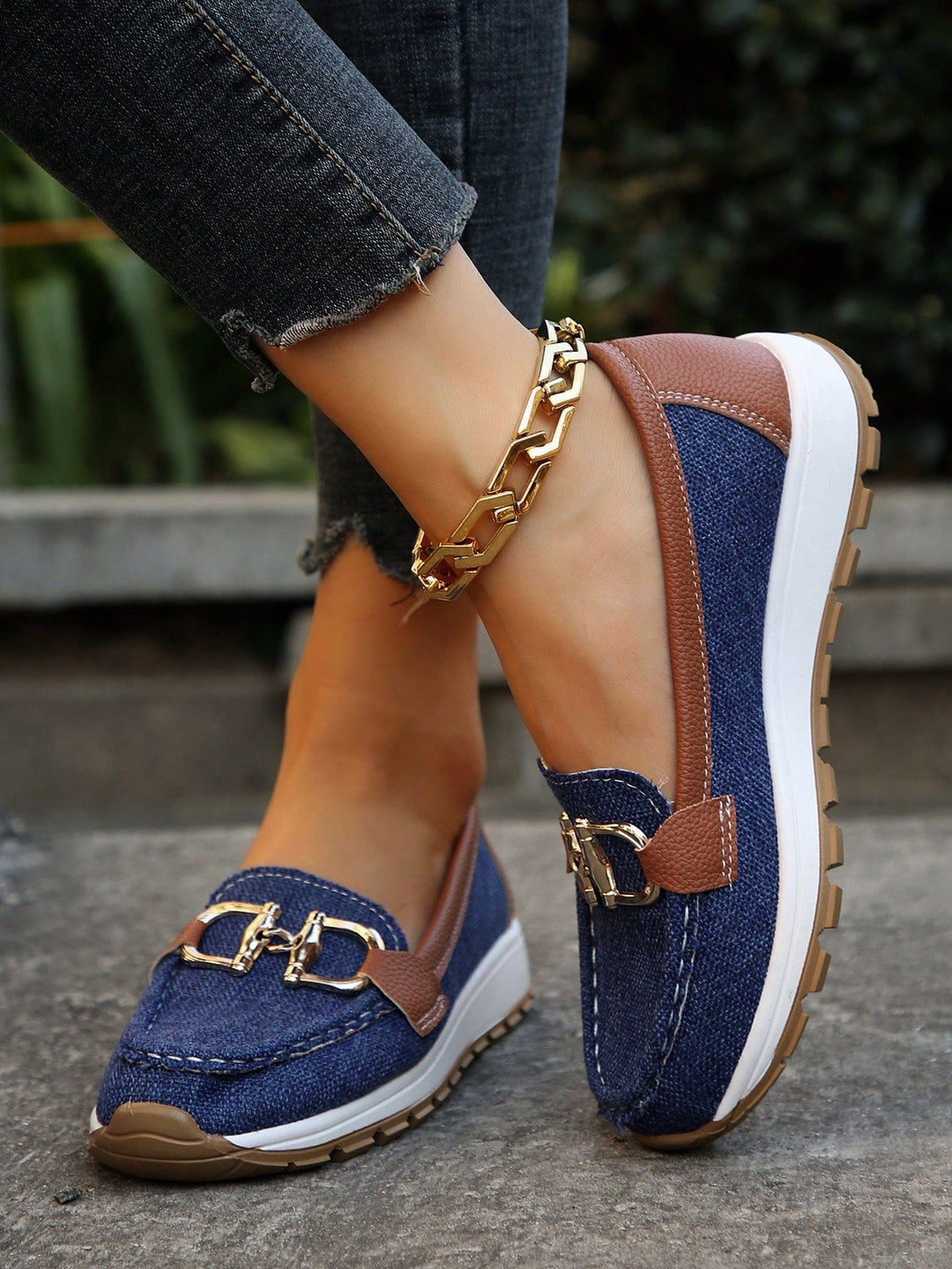 Women’s Flat Buckle Loafers with Chain Detail