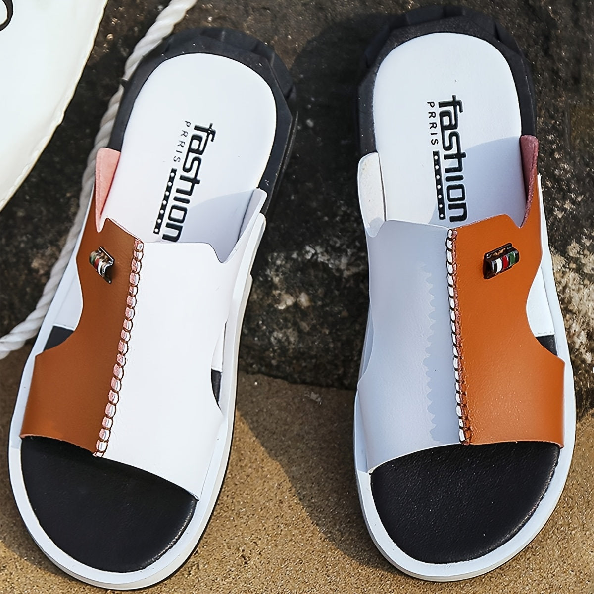 Men's Slide Sandals – Open Toe Slip-On with Contrast Panel and Flat Sole