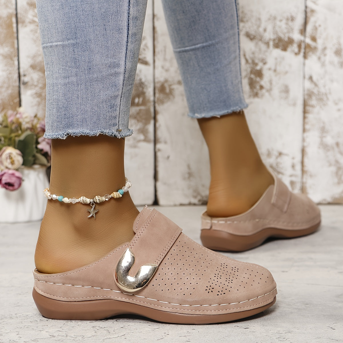 Women's Slip-On Mule Flats - Round Toe - Perforated Upper - Metal Buckle Detail