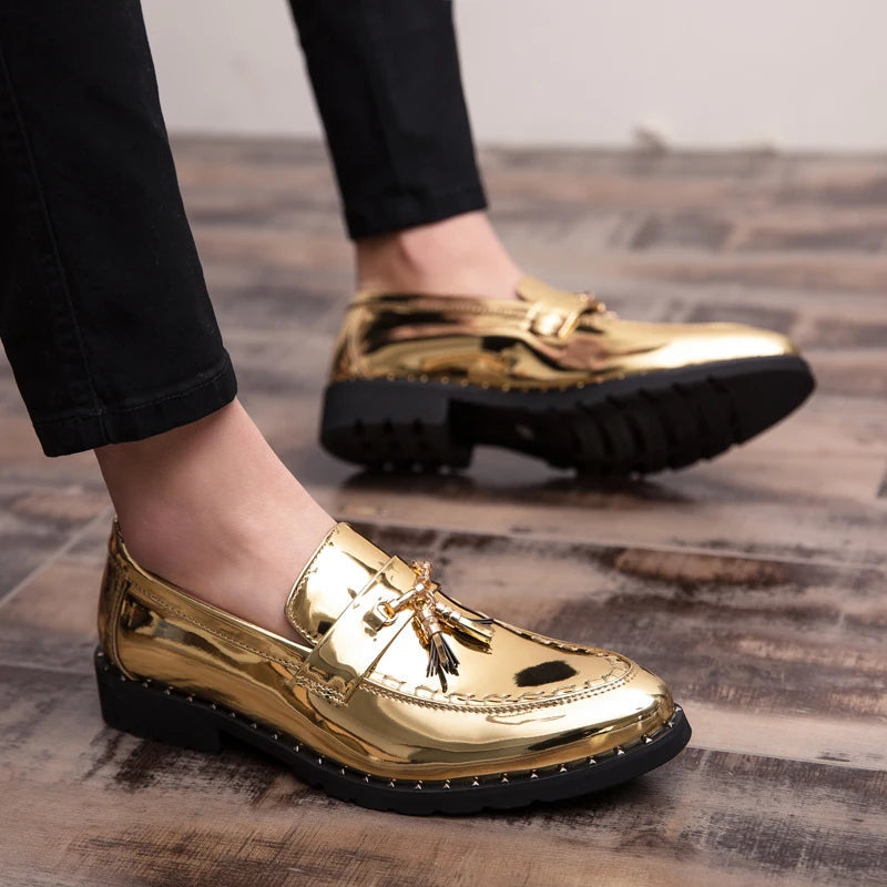 Men's Tassel Loafers - Slip-On Patent Upper - Pointed Toe Low Heel