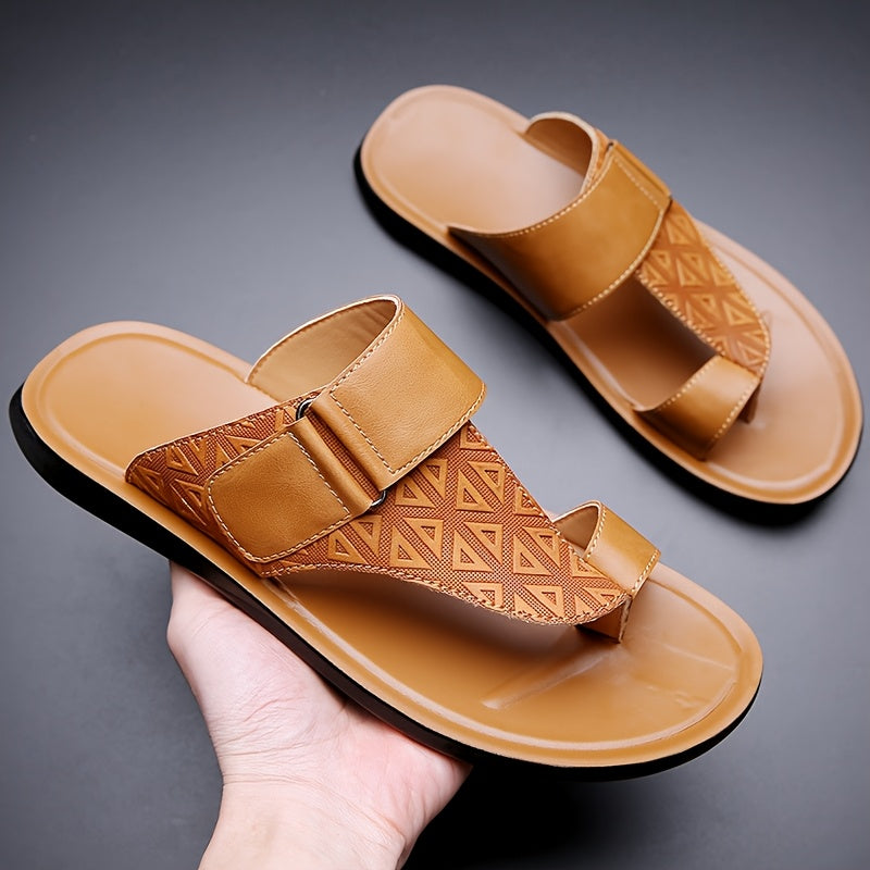 Men's Open Toe Leather Sandals – Toe Loop Slip-On with Geometric Embossed Strappy