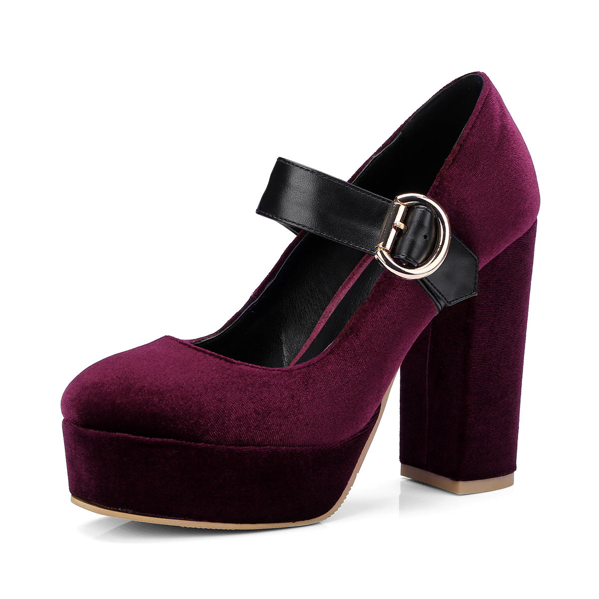 Women's Velvet Platform Heels with Round Toe and Mary Jane Buckle Strap