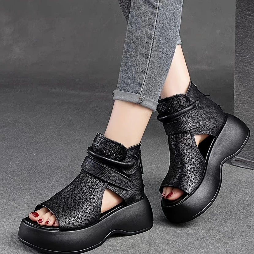 Women’s Open Toe Platform Sandals with Perforated Upper and Ankle Strap
