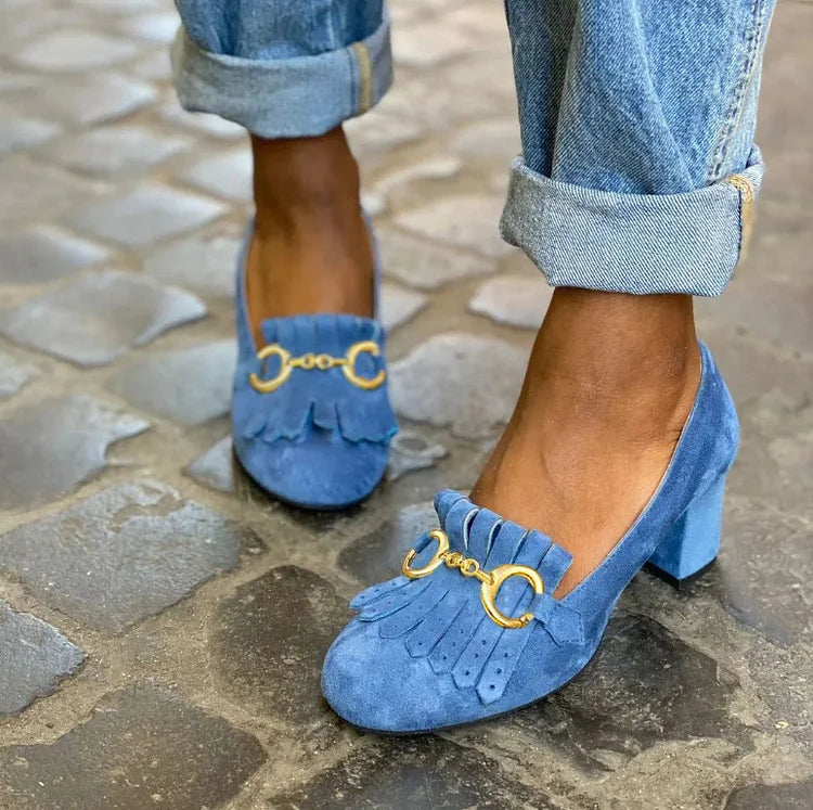 Women's Round Toe Suede Heeled Loafers - Fringe Kiltie Horsebit Block Heel