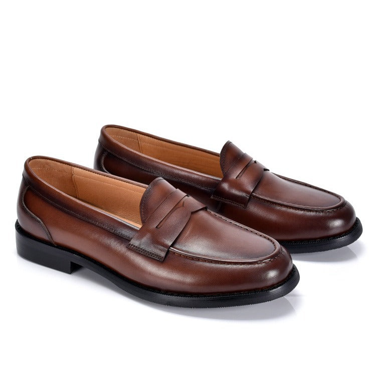 Men's Leather Penny Loafers with Moc Toe and Ribbed Rubber Sole