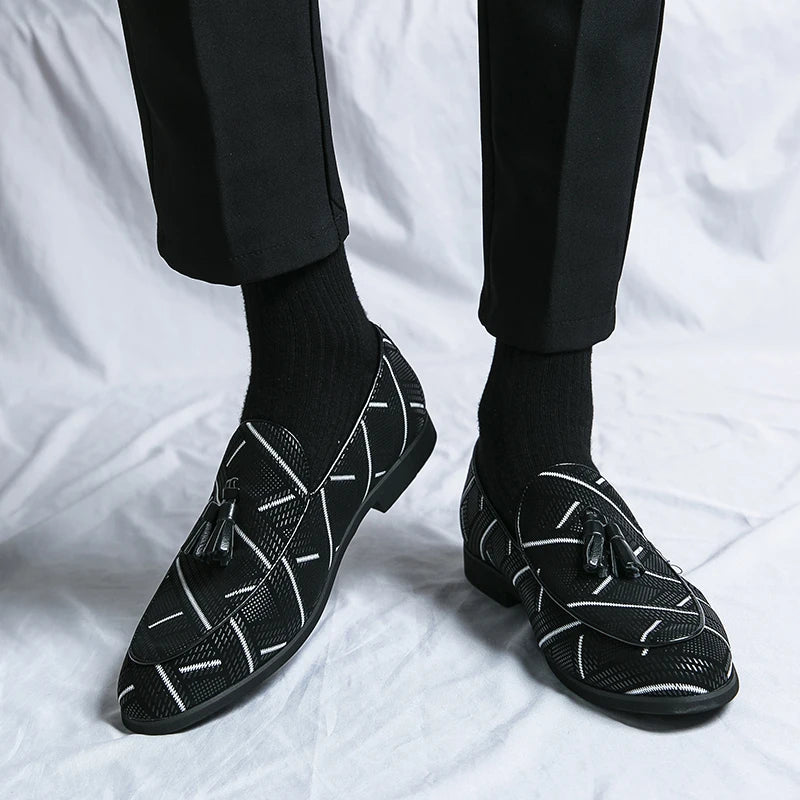 Men’s Almond Toe Checker Weave Faux Leather Tassel Loafers with Slip-On Design