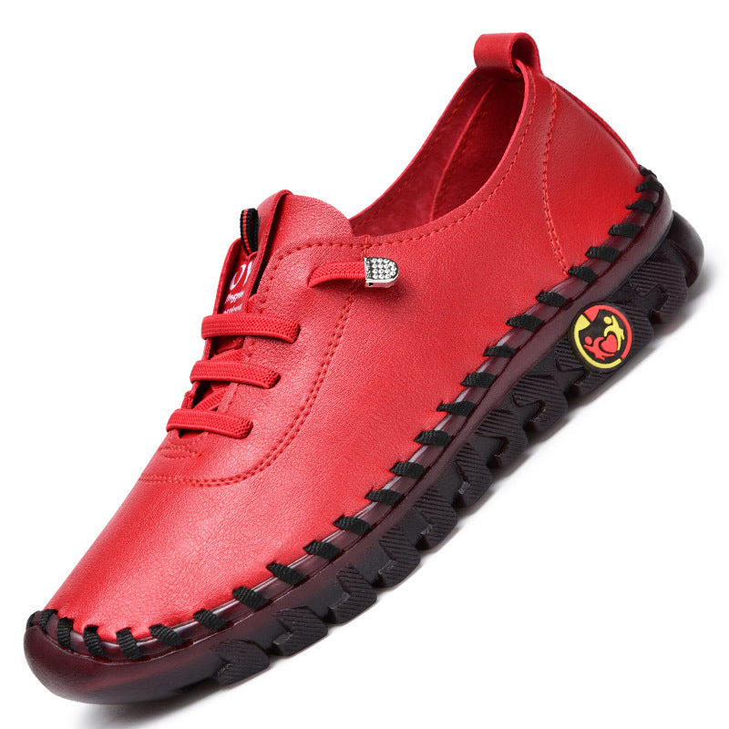 Women's Lace-Up Leather Casual Shoes - Round Toe - Moccasin Stitch Sole - Flat